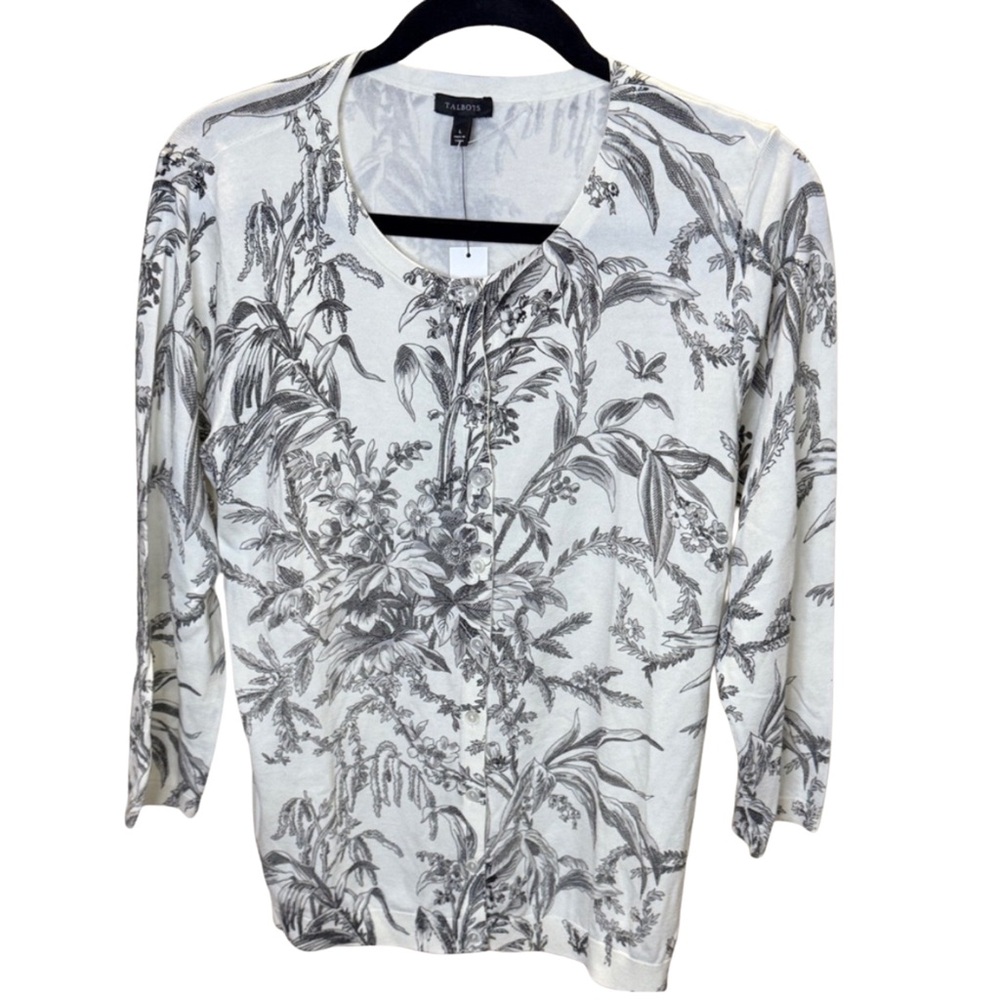 NWT Talbots Black & White Botanical Print Cardigan‎ – Size L